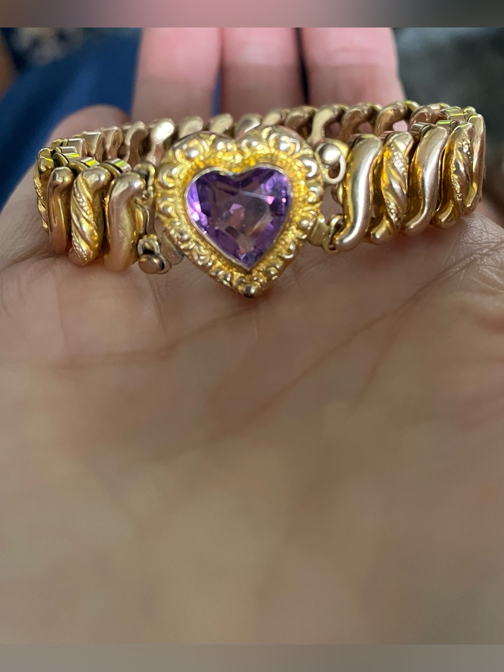 Antique D.F.B Co WW1 Expandable Gold-Filled Sweetheart Bracelet Purple Paste